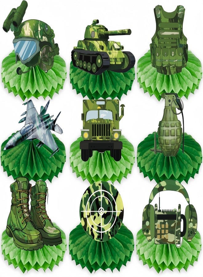 Koeilay 9 Pieces Army Party Decorations Camouflage Birthday Party Military Honeycomb Centerpieces Table Decor Cake Toppers for Birthday Retirement Baby Shower Supplies Photo Prop - Image 1